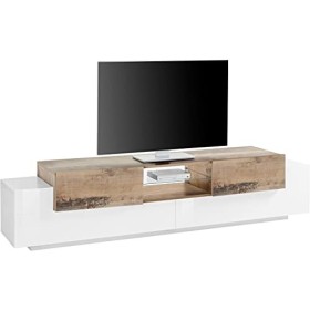 Dmora Meuble TV de salon, Made in Italy, Meuble TV avec 4 portes et étagères, 220x45h51 cm, Couleur blanc brillant et érable