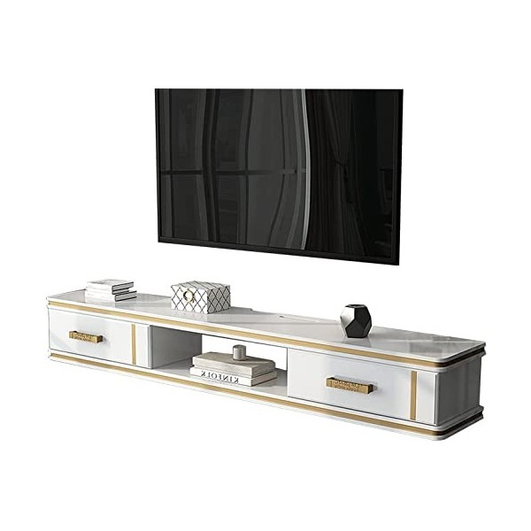 Uvency Meuble Tv Flottant, Étagère de Rangement Murale Pour Meuble Tv Avec 2 Tiroirs, Bois de Pin, Console Multimédia Murale,