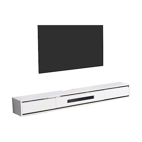 Meuble TV en Bois Massif MDF+, Console Média Murale, Étagère De Composant De Meuble TV Flottant avec 2 Tiroirs, Étagère Vidéo