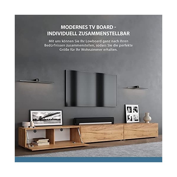 Planetmöbel - Meuble TV - 300&nbsp;cm - Chêne doré - Meuble TV avec 3 rabats comme espace de rangement, meuble bas suspendu ou deb