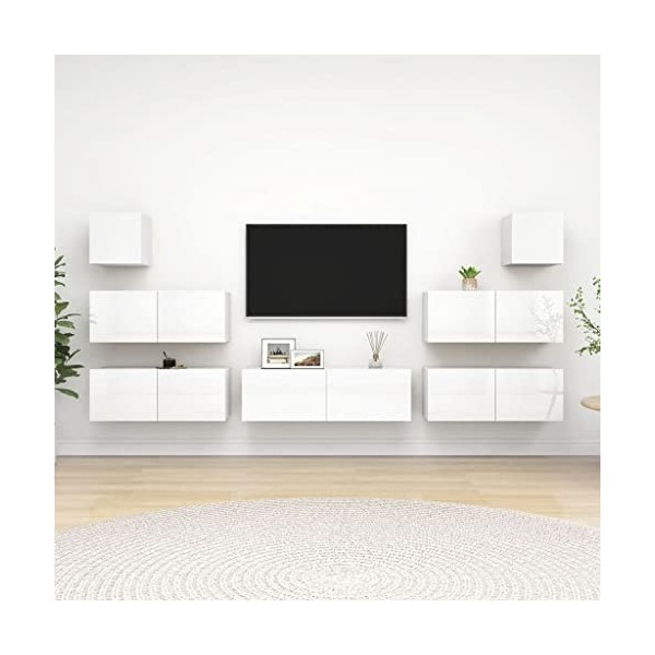 Ensemble de Meuble TV 7 pcs Blanc Brillant Aggloméré - Banc TV, Meuble TV Suspendu, Convient pour Salon ou Chambre