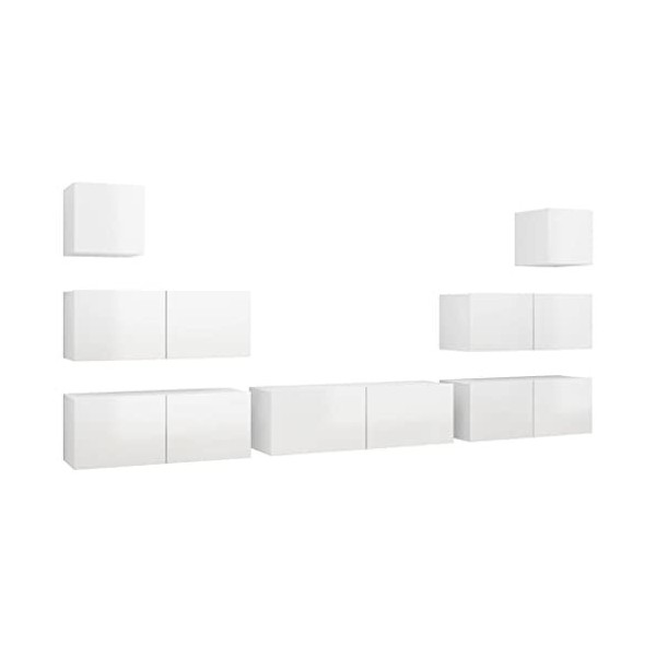 Ensemble de Meuble TV 7 pcs Blanc Brillant Aggloméré - Banc TV, Meuble TV Suspendu, Convient pour Salon ou Chambre