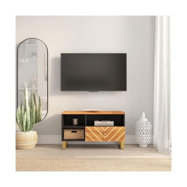 Meuble TV marron et noir en bois massif mangue 80 x 33,5 x 46 cm