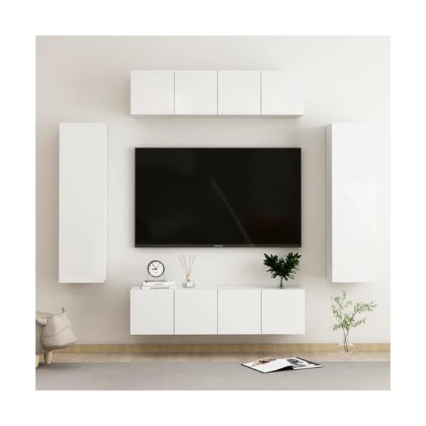 Camerina Ensemble de Meubles TV 6 pcs Blanc Brillant Aggloméré,Meuble TV,Table Basse Salon Meuble TV,Table Basse LED Couleurs