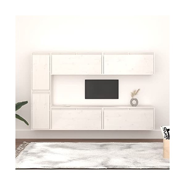 GuyAna Meubles TV 6 pcs Blanc Bois Massif de pin,Meuble TV,Table Basse Salon Meuble TV,Table Basse LED Couleurs