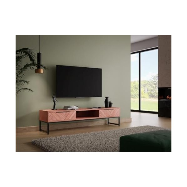 Vente-unique - Meuble TV 2 tiroirs et 1 Niche en Bois dacacia et métal - Naturel foncé et Noir - VEDILA