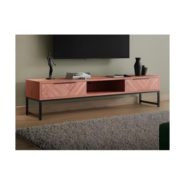 Vente-unique - Meuble TV 2 tiroirs et 1 Niche en Bois dacacia et métal - Naturel foncé et Noir - VEDILA