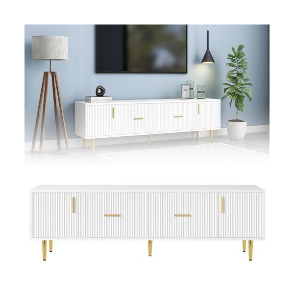 kubeier Meuble TV Blanc, Meuble TV Bois 170 cm avec 2 Tiroirs et 2 Portes, Meuble TV Design Industriel pour Salon Chambre, Me