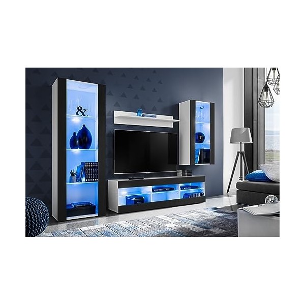 ExtremeFurniture Open SET4 Meuble TV, Carcasse en Blanc Mat/Façade en Noir Mat + LED Bleues