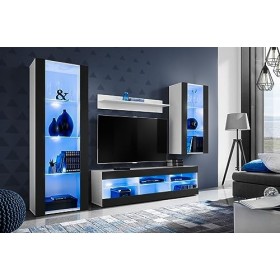 ExtremeFurniture Open SET4 Meuble TV, Carcasse en Blanc Mat/Façade en Noir Mat + LED Multicolores avec télécommande