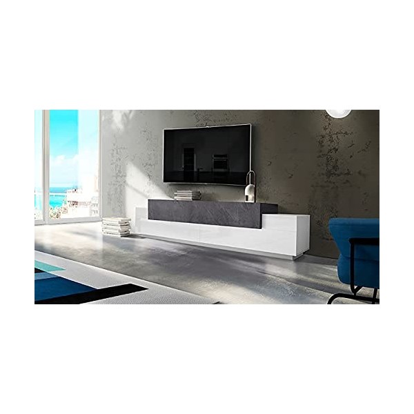 Dmora Meuble TV de salon, Made in Italy, Meuble TV avec 3 portes et étagères, 240x45h52 cm, couleur Blanc Brillant et Gris Fr