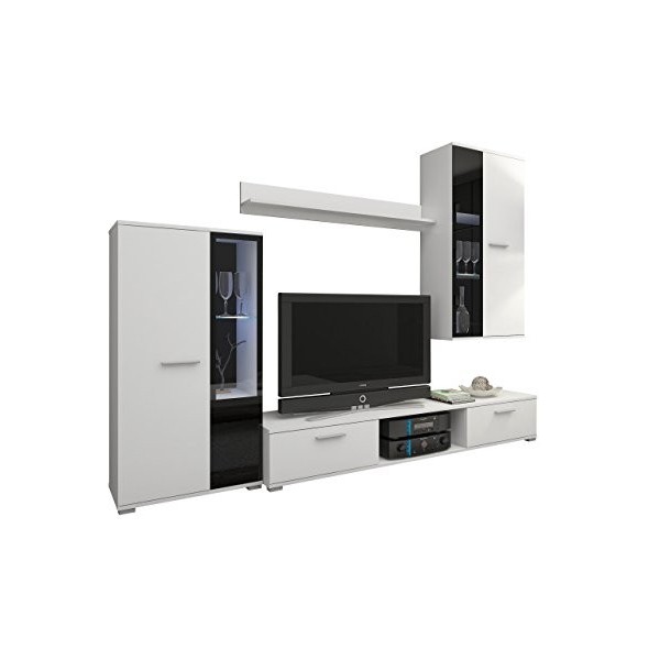 Mirjan24 Salon mural design Salsa - Meuble mural moderne - Meuble suspendu - Meuble TV - Blanc - Sans éclairage