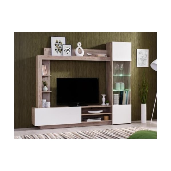 Vente-unique - Mur TV ARKALA avec rangements - LEDs - Blanc & Chêne