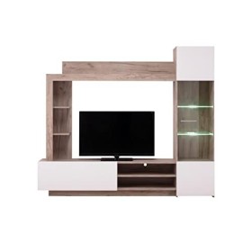 Vente-unique - Mur TV ARKALA avec rangements - LEDs - Blanc & Chêne