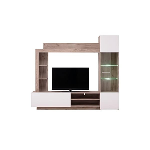 Vente-unique - Mur TV ARKALA avec rangements - LEDs - Blanc & Chêne