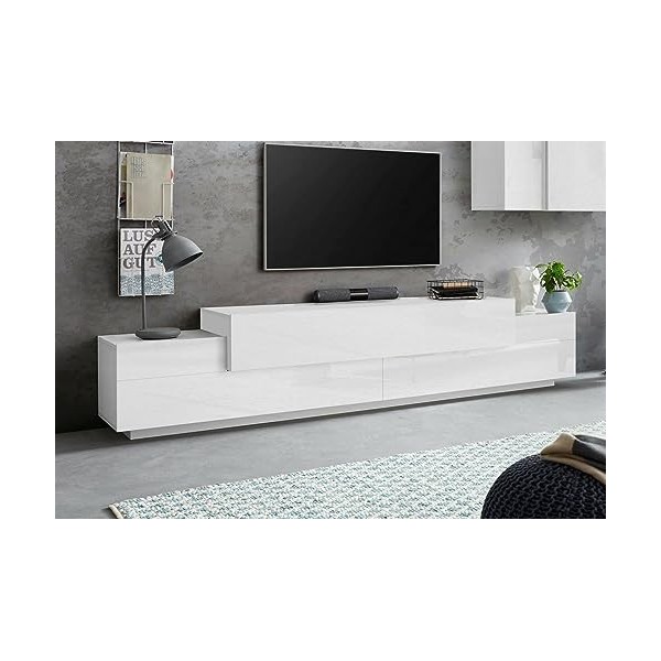 Dmora Meuble Nico, Buffet Bas de Salon, Base TV 100% fabriqué en Italie, 240 x 45 x 52 cm, Blanc Brillant, Bois dingénierie