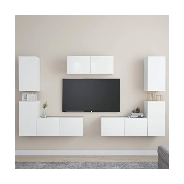 Gecheer Ensemble de Meubles TV 7 pcs Blanc Aggloméré Banc TV, Support de Télévision pour Salon, Chambre Meubles