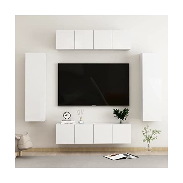 Tidyard Ensemble de Meubles TV Lot de 6 Blanc Brillant Aggloméré, Banc TV avec Compartiments de Stockage, Montage Mural Suppo