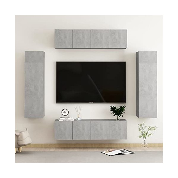 Tidyard Ensemble de Meubles TV Lot de 6 Blanc Brillant Aggloméré, Banc TV avec Compartiments de Stockage, Montage Mural Suppo