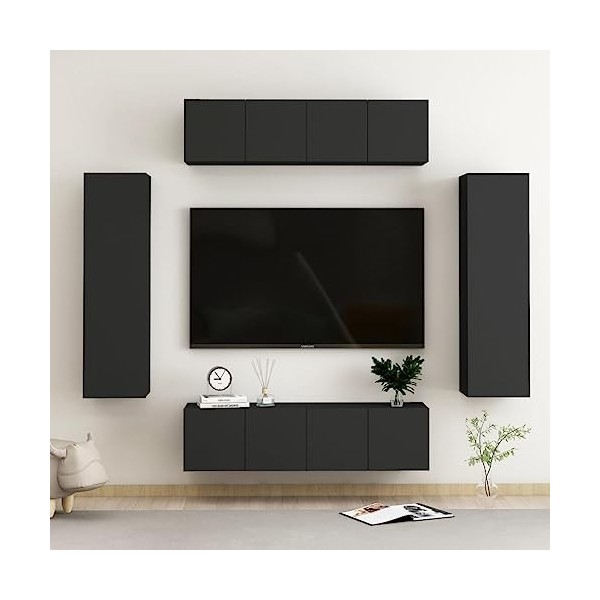 Tidyard Ensemble de Meubles TV Lot de 6 Blanc Brillant Aggloméré, Banc TV avec Compartiments de Stockage, Montage Mural Suppo