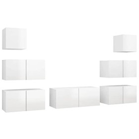 Camerina Ensemble de Meuble TV 7 pcs Blanc Brillant Aggloméré,Meuble TV Étagère,Meuble Haut Salon,Meuble dangle TV