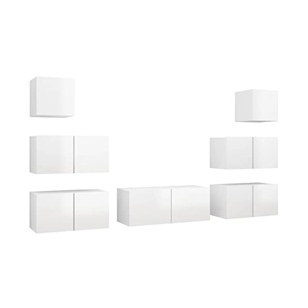 Camerina Ensemble de Meuble TV 7 pcs Blanc Brillant Aggloméré,Meuble TV Étagère,Meuble Haut Salon,Meuble dangle TV