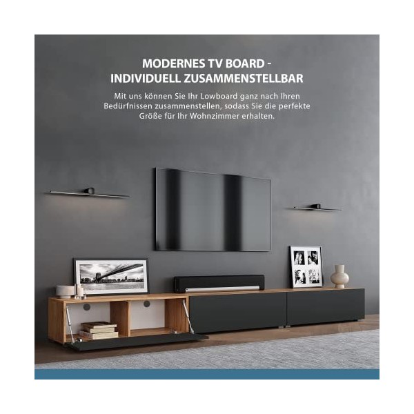 Planetmöbel - Meuble TV - 320&nbsp;cm - Chêne doré/Anthracite - Meuble TV avec 4 rabats comme espace de rangement, Meuble bas susp