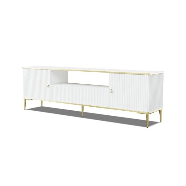 Homlando Meuble TV Petra 2D1S mat 180 cm - Façades fraisées et pieds dorés - Deux étagères et un tiroir - Meuble élégant pour