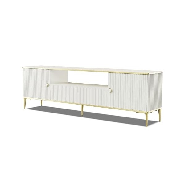 Homlando Meuble TV Petra 2D1S mat 180 cm - Façades fraisées et pieds dorés - Deux étagères et un tiroir - Meuble élégant pour