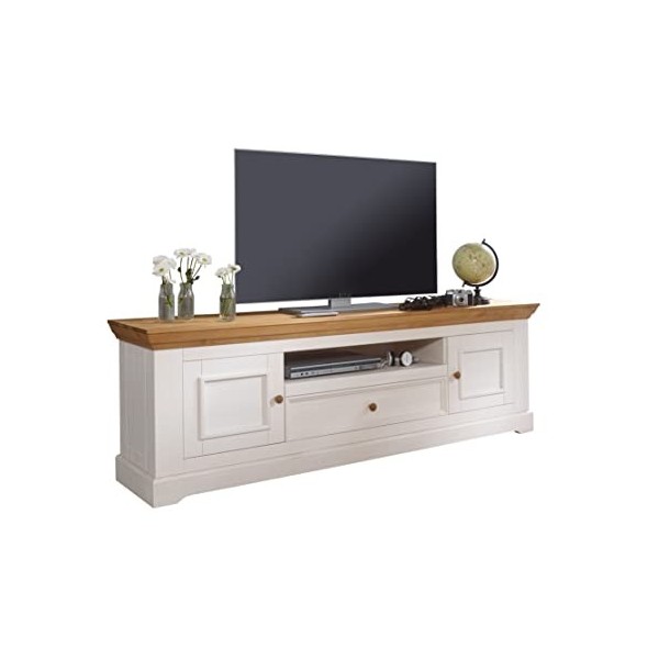 Woodroom Oslo, TV, Meuble de télévision, Lowboard, Bois de pin, Blanc, für Fernseher BIS zu 70 Zoll