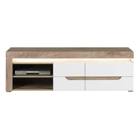 DANSMAMAISON Meuble TV 150 cm Blanc/Chêne à LED - Kiele - L 152 x l 44.5 x H 48 cm