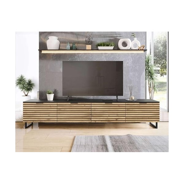 Best Mobilier - Olympie - Meuble TV - Bois et Noir - 200 cm - Noir/Bois