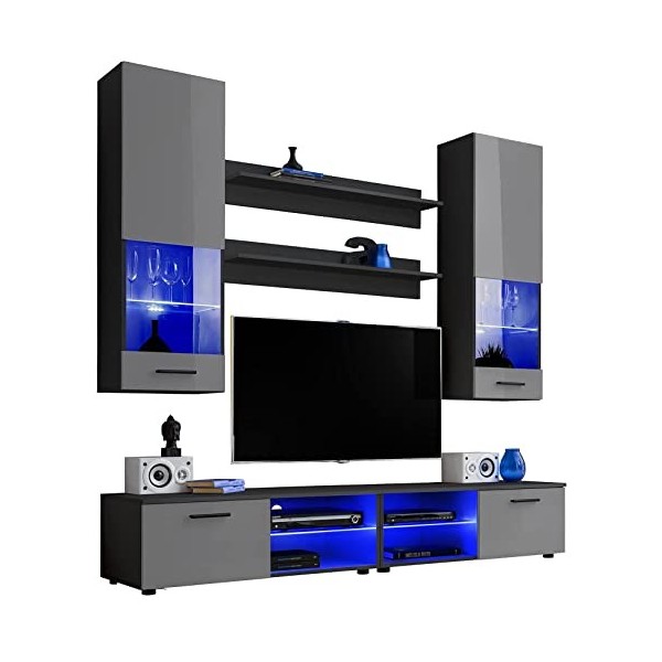 ExtremeFurniture Vida Meuble TV, Carcasse en Noir Mat/Façade en Gris Brillant sans LED