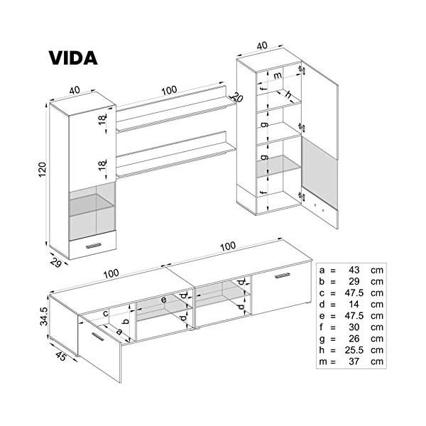 ExtremeFurniture Vida Meuble TV, Carcasse en Noir Mat/Façade en Gris Brillant sans LED