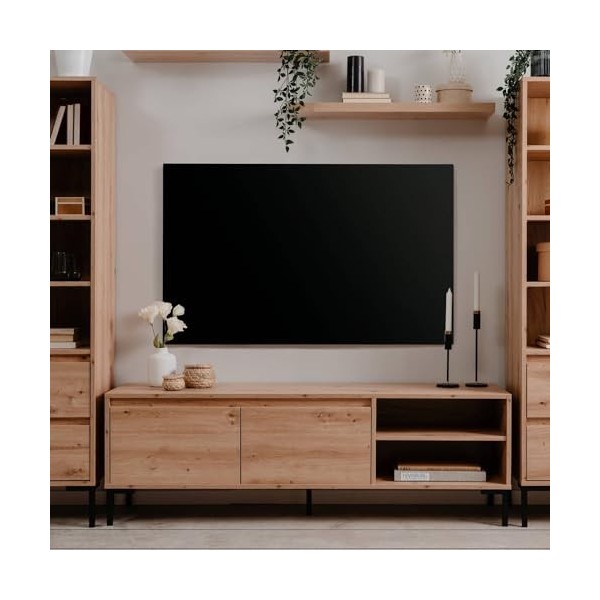 Homestyle4u 2431 - Meuble TV moderne bas - Aspect industriel - En bois de chêne - 150 cm de haut - Avec tiroirs