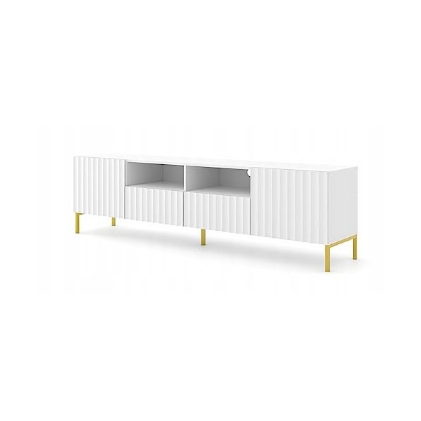 BB Loisir Meuble TV 200x56x42 cm Blanc Mat Vague 2D2S Meuble Hi-FI Luxueux sur Pied