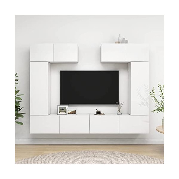 Gecheer Ensemble de Meuble TV Lot de 6 Blanc Brillant Aggloméré Banc TV, Support de Télévision pour Salon, Chambre Meubles