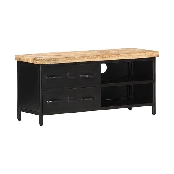 Meuble TV en Bois avec 2 Tiroirs et 2 Compartiments, Centre de Divertissement en Bois de Manguier Brut, Table de Console TV,