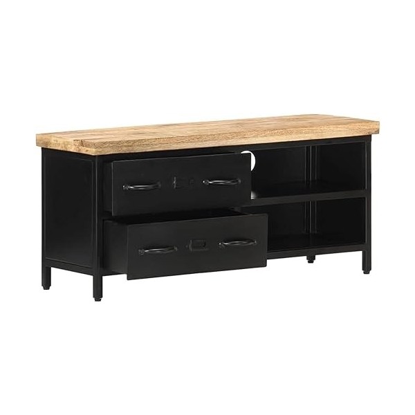 Meuble TV en Bois avec 2 Tiroirs et 2 Compartiments, Centre de Divertissement en Bois de Manguier Brut, Table de Console TV,