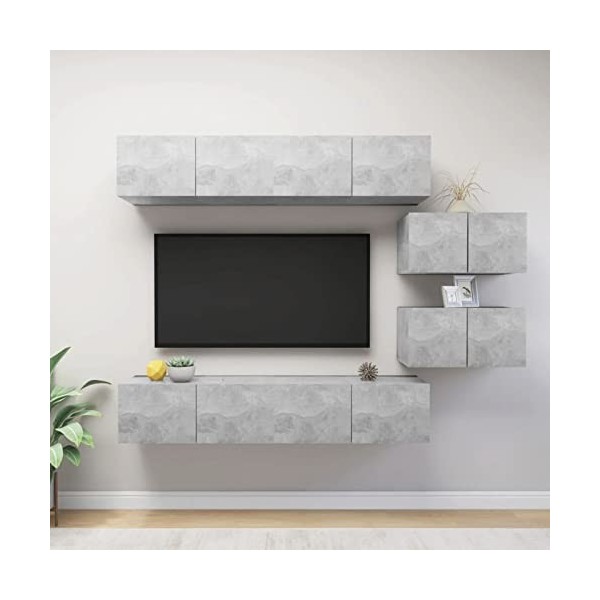 Tidyard Ensemble de Meuble TV Lot de 6 Gris béton Aggloméré, Banc TV avec Compartiments de Stockage, Montage Mural Support de