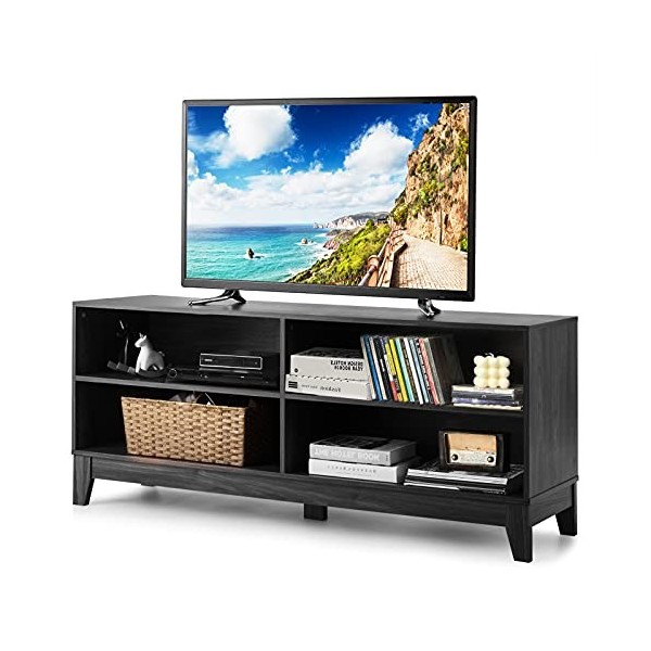 GOPLUS Meuble TV, Meuble de Rangement à 4 Compartiments avec Étagères de Rangement,Support TV Multifonctionnel pour Salons, C