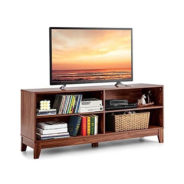 GOPLUS Meuble TV, Meuble de Rangement à 4 Compartiments avec Étagères de Rangement,Support TV Multifonctionnel pour Salons, C