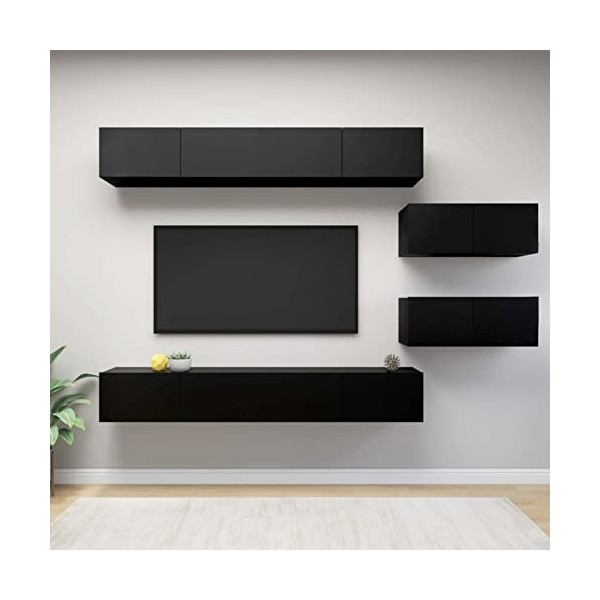 Tidyard Ensemble de Meuble TV Lot de 6 Noir Aggloméré, Banc TV avec Compartiments de Stockage, Montage Mural Support de Télév