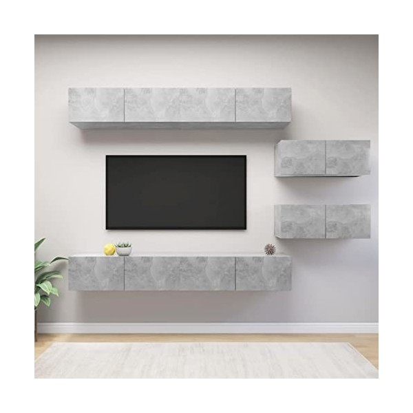 Tidyard Ensemble de Meuble TV Lot de 6 Noir Aggloméré, Banc TV avec Compartiments de Stockage, Montage Mural Support de Télév