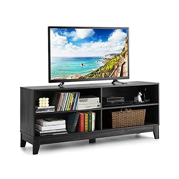 COSTWAY Meuble Télé avec 4 Compartiments pour TV 65" au Max Charge Max 95kg, Console TV avec 4 Pieds et 4 Trous de Câble pour