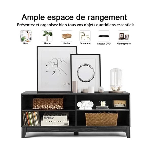 COSTWAY Meuble Télé avec 4 Compartiments pour TV 65" au Max Charge Max 95kg, Console TV avec 4 Pieds et 4 Trous de Câble pour