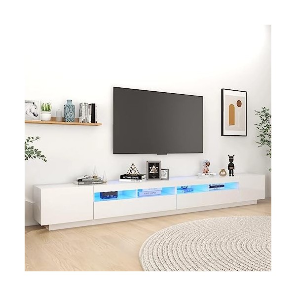 Hovothy Meuble TV avec Lumières LED RVB Blanc Brillant 300x35x40 cm Aggloméré Décoration Salon Armoire Multimédia Rangement A