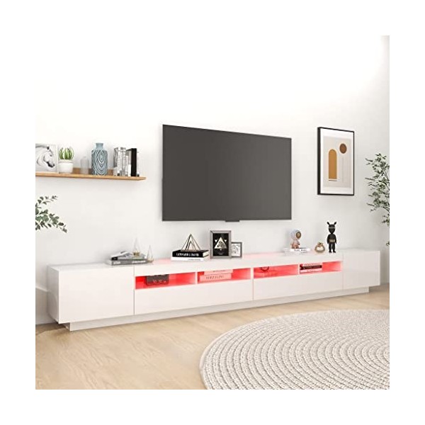 Hovothy Meuble TV avec Lumières LED RVB Blanc Brillant 300x35x40 cm Aggloméré Décoration Salon Armoire Multimédia Rangement A