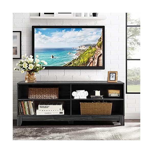 KOMFOTTEU Meuble TV bas pour TV jusquà 67 pouces, meuble TV avec 4 compartiments de rangement et trous pour câbles, meuble T