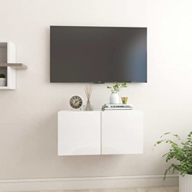 Meuble TV Suspendu | Style Contemporain | Rangement matériel télé Audio Video Gaming | 60x30x30cm Blanc Brillant
